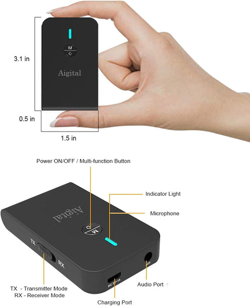 Bluetooth Transmitter for TV PC, 2 in 1 Bluetooth Audio Adapter Music Receiver (3.5mm Jack Cable, Low Latency,Built-in Microphone) Wireless Transm...