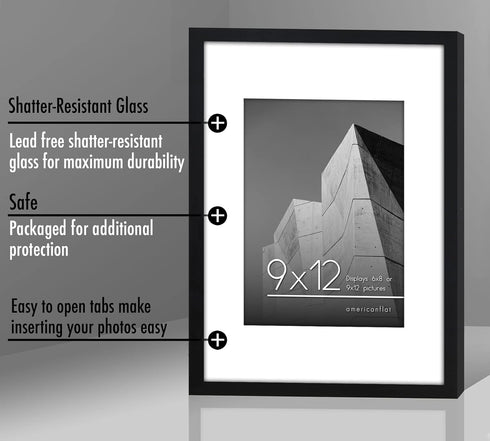 Americanflat 9x12 Picture Frame with Shatter-Resistant Glass - Use as 6x8 Frame with Mat or Display 9x12 Photo Without Mat - Streamline Collection...