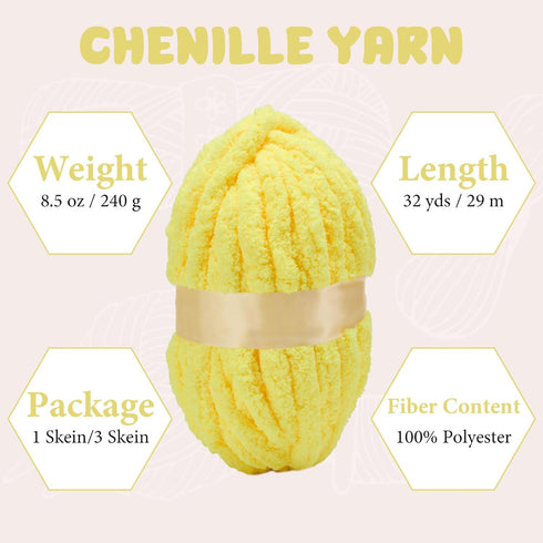 Yellow Chenille Chunky Yarn for Hand Knitting Fluffy Jumbo Chenille Yarn DIY for Crocheting Blanket Cushion 1 Skein (8.5 oz, 32 yds Each Skein)......