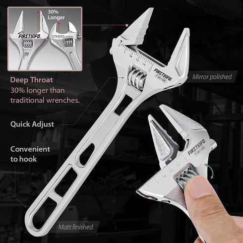 FIRSTINFO F36108 8" Hookable Deep Throat Adjustable Wrench, 1-1/4 inch (32mm) Wide Jaw Opening, Metric & SAE Scales | Chrome-Vanadium Steel Constr...