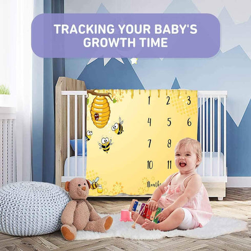 Baby Age Milestone Blanket, Bee Honeycomb Blanket for Nursery, Baby 1-12 Months Growth Chart, includes 4 Frame and 1 Headband 47"x40" BTQQPH33...