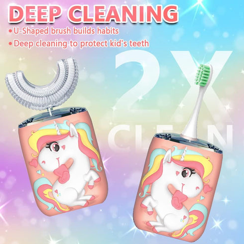 Kids Toothbrush Electric, U Shaped Ultrasonic Automatic Toothbrush with 2 Brush Heads, Six Cleaning Modes, Cartoon Modeling Design for Kids, Speci...