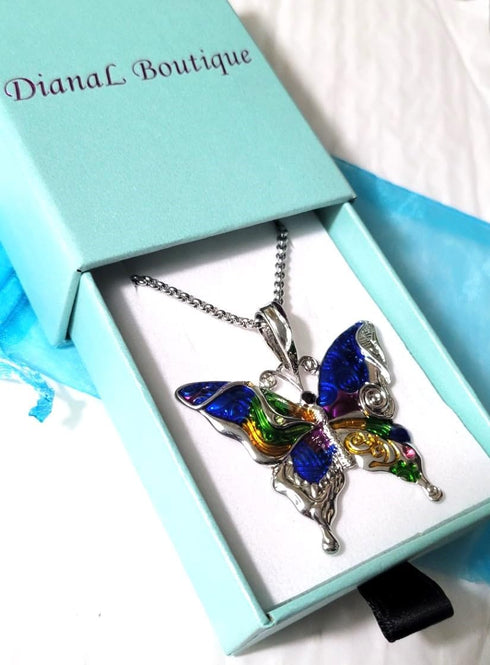 Silvertone Colorful Butterfly Pendant Necklace 24" Stainless Steel Chain...