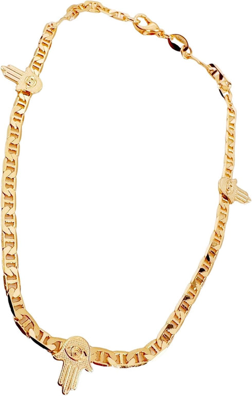 LESLIE BOULES Elegant 18K Gold-Plated Anklet with Three Hamsa Hands - Symbols of Protection and Good Luck...