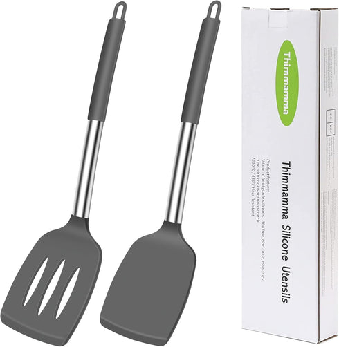 Silicone Cooking Spatula Turner, Heat Resistant Large Silicone Slotted Spatula Solid Spatulas for Nonstick Cookware, BPA Free Black Silicone Kitch...