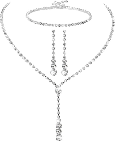 4Pcs Bridal Teardrop Necklace Dangle Earrings Rhinestone Bracelet Set Silver Wedding Jewelry Set for Women for Wedding Party...
