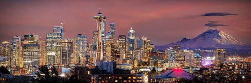 PHOTOSBYJON Seattle Skyline 2020 Photo Print UNFRAMED Dusk Color City Downtown 11.75 inches x 36 inches Rainier Photographic Panorama Poster Pictu...