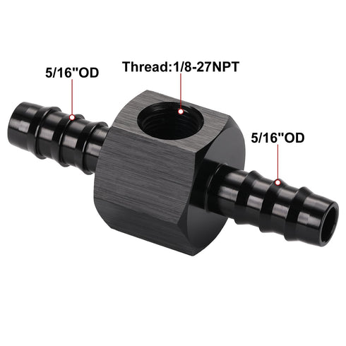 5/16 Hose Barb Inline Fuel Pressure Gauge T Fitting Adapter Union with 1/8 NPT Sensor Gage Port Aluminum Black...