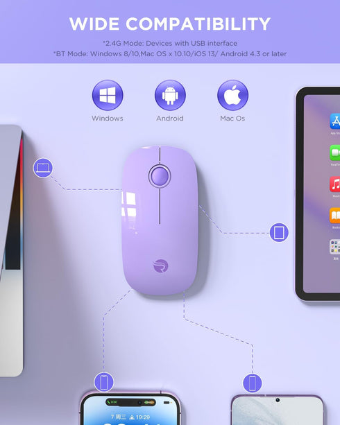 Wireless Bluetooth Mouse, Purple, 1600 DPI, Long Battery Life, Dual Connectivity, Quiet Click, High-Precision Optical Tracking, Versatile Compatib...