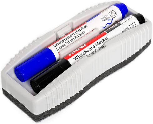 SIRDAS Whiteboard Eraser and Dry Erase Marker Set, Integrated Blue & Black Bullet Tip Markers, Low Odor, Quick-Drying for Classroom, Office, and H...