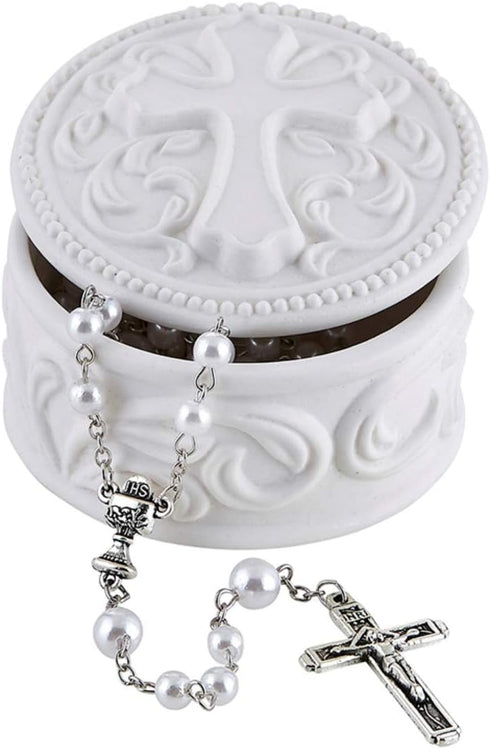 White Porcelain Cross Rosary Jewelry Box, 2 3/4 Inch...