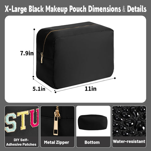 Travel Essentials Extral Large Makeup Bag Travel Cosmetic Pouch Toiletry Bag for Women Men Nylon Bathroom Bag with Zipper Pocket (Black,XL)...