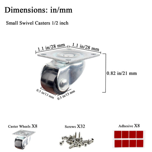 Mini Caster Wheels 0.5 Inch Low Profile Nylon Tiny Swivel Casters, Steel Top Plate Self Adhesive Caster Wheels for Small Appliances, Furniture, To...