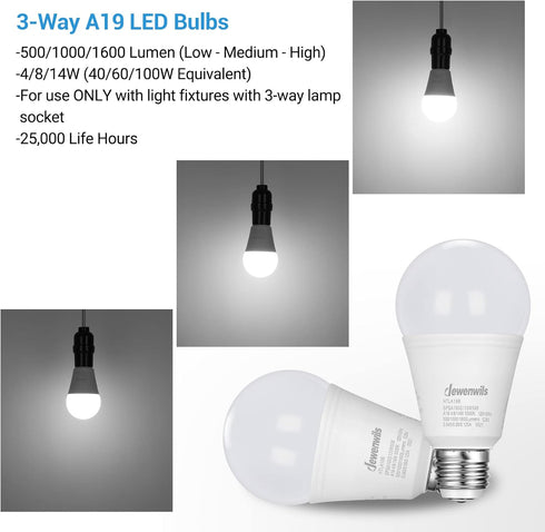DEWENWILS 3 Way LED Light Bulbs, 40/60/100W Equivalent, 5000K Daylight White, A19 LED Bulbs, E26 Medium Base, 500/1000/1600LM Bright Light Bulbs, ...