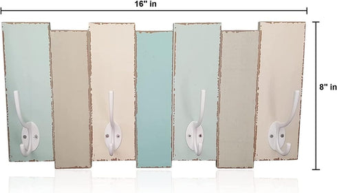 Tumbler Home Beachy Wood Wall Rack-4 Double Metal Hooks-Distressed Beach Decor Finish 16 inch x 8 inch...