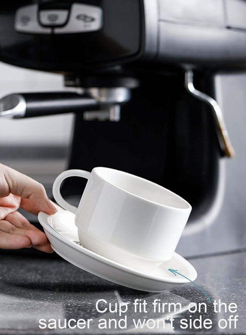 Sweese 8 Ounce Porcelain Stackable Cappuccino Cups with Saucers and Metal Stand - for Specialty Coffee Drinks, Cappuccino, Latte, Americano and Te...