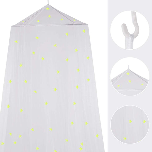 Bed Canopy Mesh Netting with Fluorescent Stars for Girls Kids Glow in Dark Hanging Bed Dome Canopy Crib Tent Easy Installation Mosquito Net for Si...
