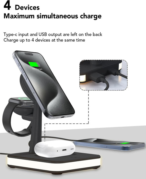 4 in 1 Wireless Charging Station with Light for Apple,Magnetic Wireless Charger Stand for iPhone 15/14/13/12,Apple Watch Series 9/8/7/Ultra 2/SE 2...