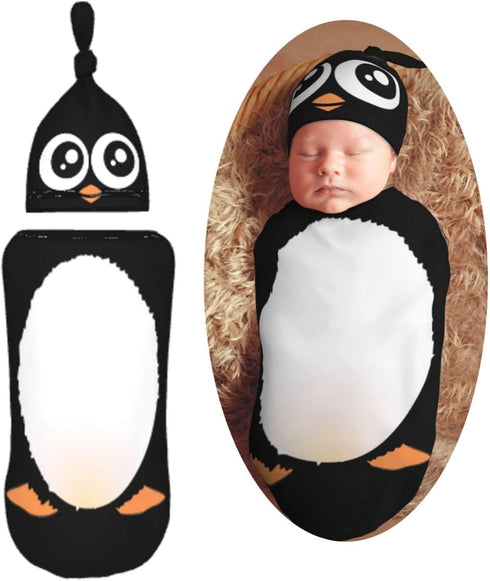 Cute Penguin Newborn Swaddle Blankets Hat Sets Soft Baby Receiving Blanket Swaddle Sack for Baby Shower Infant Boy Girl Gift...
