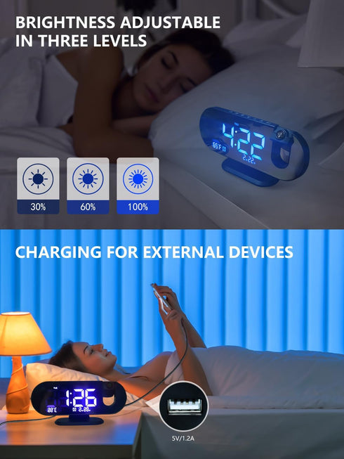 Projection Alarm Clock - 2024 New Projection Clock with 180° Rotatable Projector for Bedroom Ceiling - Clear LED Display, USB Charger Automatic Li...