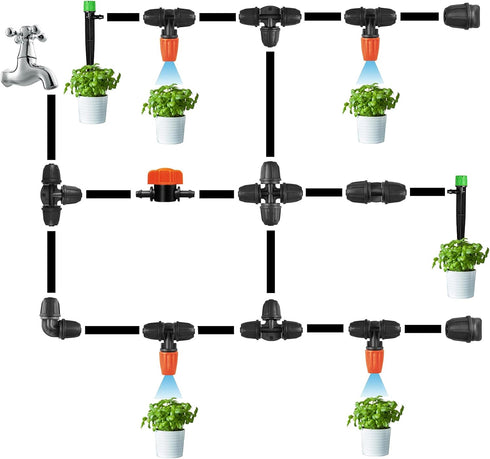 Upgraded Locked 3 Way Atomizing Nozzle for 1/4" Drip Tubing, 25 Pcs Adjustable Micro Spray Irrigation Emitters Tee Misting Drippers for Drip Sprin...