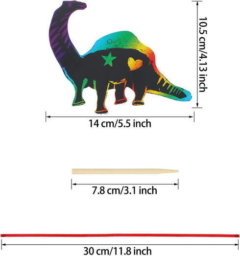 Outus 120pcs Scratch Dinosaur Craft Art Kits for Kids with 48 Scratch Dinosaur Paper24 Wooden Styluses and 48 Ribbons for Theme Birthday Party Gam...