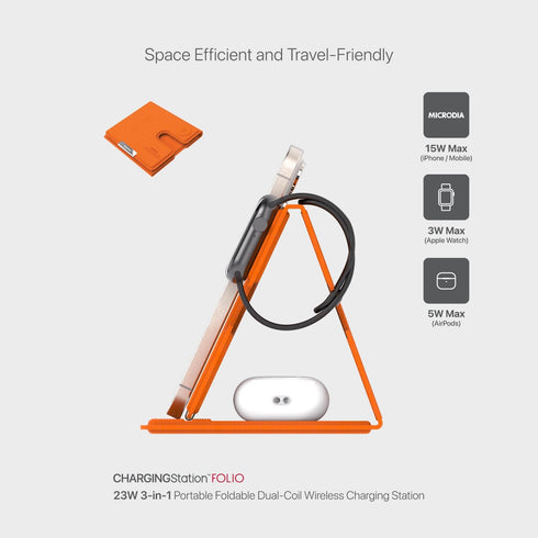 Folio 23W 3-in-1 Portable Foldable Wireless Charging Station for iPhone/Apple Watch/AirPods/Samsung (Orange)...