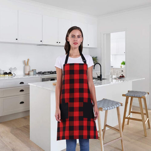 Chef Bib Apron for Men Women, Christmas Gift, Kitchen Cooking Apron with 2 Pockets, 40" Long Ties and Adjustable Neck Strap - 32" x 28" - Red/Blac...
