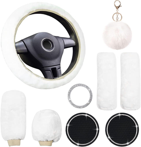 9 Pieces Fluffy Steering Wheel Covers Set, YSLSLOO Furry Steering Wheel Cover for Women Fashion Steering Wheel Cover Soft Steering Wheel Protector...