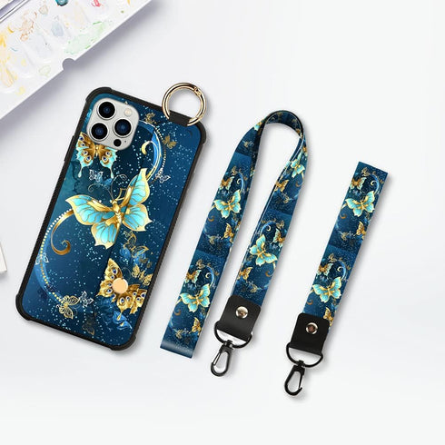 KANGHAR Compatible with iPhone 13 PRO MAX Case Blue Butterfly Shell Wrist Strap Lanyard Cover for iPhone 13 PRO MAX 6.7 INCH 2021 5G...