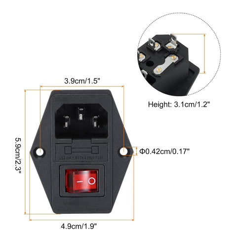 MECCANIXITY Power Switch 10A 250V AC Rocker Switch 3 Pin IEC320 C14 Inlet Male Power Socket Power Connector Inlet Module Plug for Lab Equipment De...
