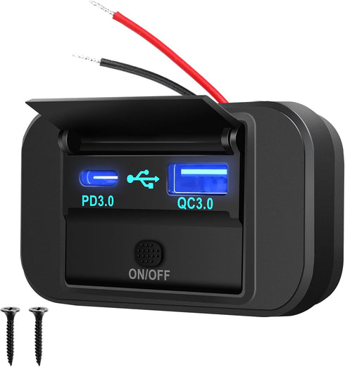 GemCoo 12V RV USB Outlet, 38W PD QC3.0 24V USB Car Charger Socket Power Outlet with Cover, 24V Car Charger Switch Panel Car Fast Charger Socket Po...
