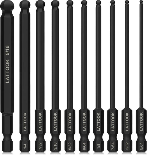 Ball End Hex Head Allen Wrench Drill Bit Set (10PCS SAE 5/16” to 5/64”), LATTOOK 10PCS SAE Ball End Hex Bit Set Allen Key Bit Set Hex Key Drill Bi...