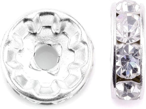 100Pcs Rondelle Spacer Beads 8mm Silver Plated Round Crystal Charms Czech Rhinestone Spacer Loose Beads for Jewelry Making Supplies Bracelet Neckl...