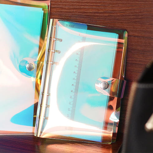 PVC A5 Binder Cover Loose Leaf Notebook Cover Round Ring Binder Pockets Refillable 6 Ring Binder Notebook Folder Cover with Snap Button Holographi...