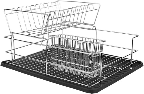 Home Basics Black Kitchen Sink Countertop 2 Tier Dish Rack and Draining Board Cutlery Holder, Fits Large Plates, Dry & Drip Tray, Full Mesh...
