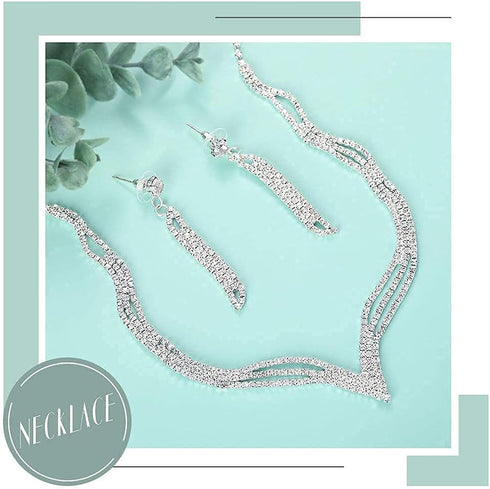 Yikisdy Wedding Necklace Set Silver Crystal Bride Jewelry, Rhinestone Choker, Bridal Accessories for Women and Girls ( Pack of 3, 2 earrings and 1...