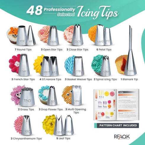 RFAQK 74 PCs Icing Piping Bags and Tips Set, Cake Decorating Kit with 48-Numbered Piping Tips, 20+1 Pastry Bags for Cookie Cupcake Cake Decoration...