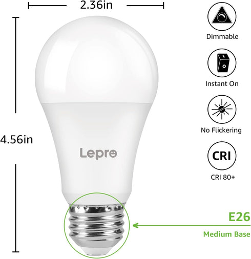 Lepro Dimmable LED Light Bulbs 100 Watt Equivalent, 14W 1500LM Daylight White 5000K, A19 E26 Standard Medium Base, UL FCC Listed, 15000 Hour Lifet...