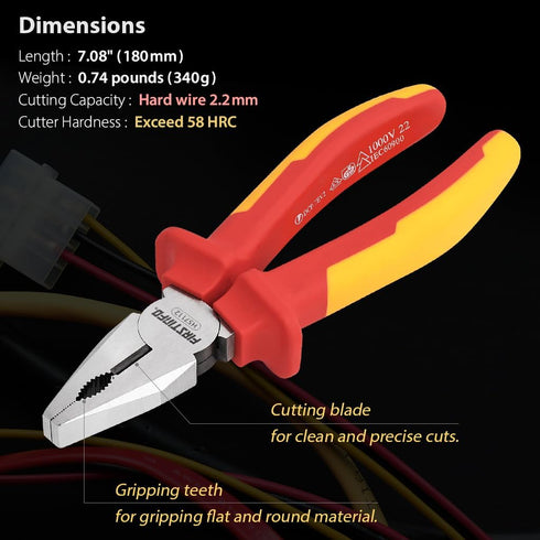 FIRSTINFO H57112-7.08-inch VDE 1000V, Insulated Linesman Combination Pliers with Chrome Molybdenum Steel Body and Dual Material Anti-Slip Handles...