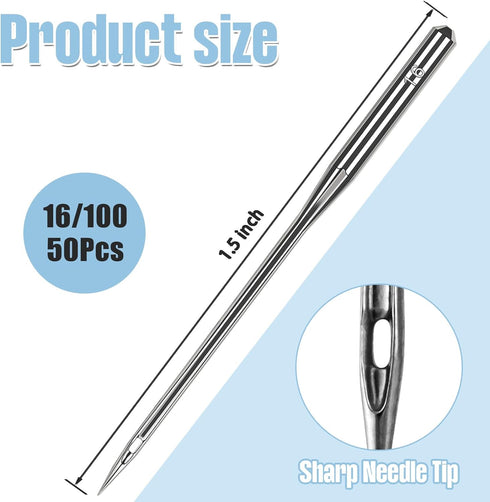 50 Pcs Size 100/16 Universal Leather&Jeans Sewing Machine Needles, Heavy Duty Machine Needles for Thickened Fabrics, Compatible with Home Sewing M...