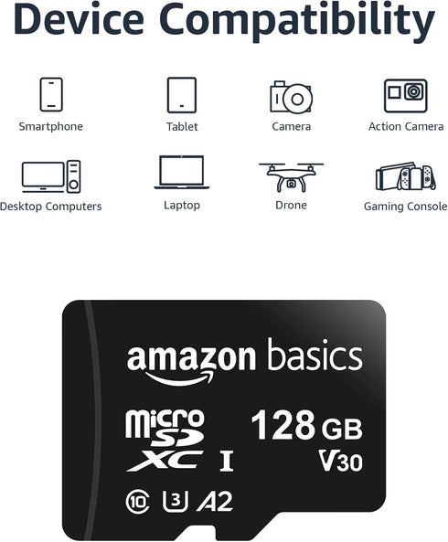 Amazon Basics Micro SDXC Memory Card with Full Size Adapter, A2, U3, Read Speed up to 100 MB/s, 128 GB, Black...