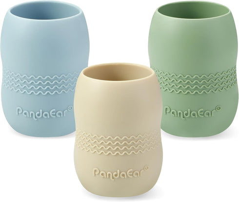 PandaEar 3 Pack 100% Tiny Silicone Drinking Training Cup for Baby and Toddler, Tiny Open Cups for Infants (Blue/Green/Tan)...