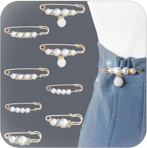 8 Pcs Pearl Brooch for Women Scarf Ring Waist Brooch Pearl Rhinestones Collar Brooches Safety Pins for Clothes Dressing Accessories Christmas Gift...