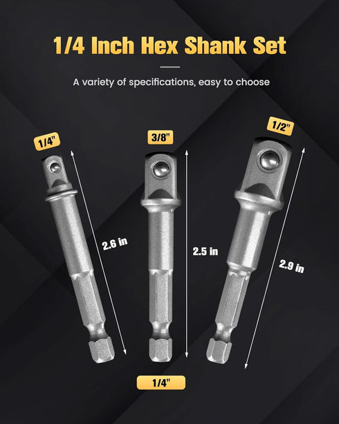 BOEN Impact Grade Socket Adapter Set, 3-PCS Drill Bit Adapter with Bit Holder, Sizes 1/4", 3/8", 1/2", 1/4-Inch SAE Hex Shank, Cr-V, for Cordless ...