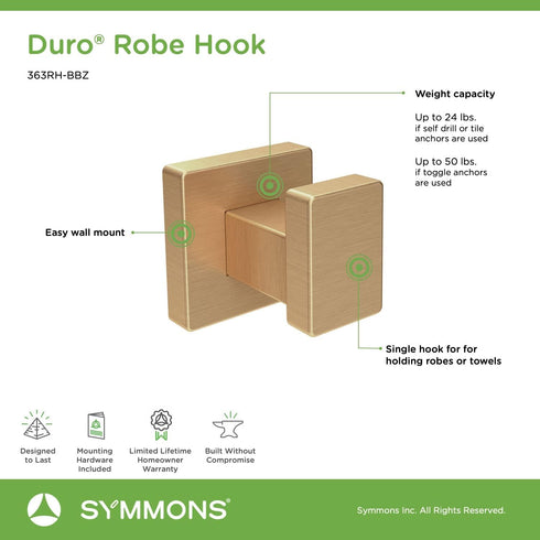Symmons 363RH-BBZ Duro Wall-Mounted Robe Hook in Brushed Bronze...