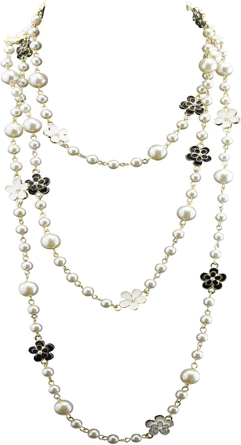 Womens Chic Statement Multilayer Imitation Pearl Long Necklace...