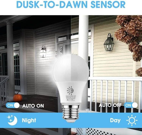 Dusk to Dawn Light Bulbs Outdoor, A19 LED Sensor Light Bulb, 9W(60W Equivalent), Automatic On/Off Photocell, Daylight White 5000K Porch Light, E26...