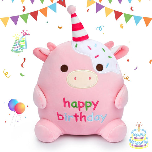 Happy Birthday Plush Toy, 8Inch Cute Cow Plush, Cow Stuffed Animals Soft Birthday Plush, Kawaii Cow Plushie Doll Home Party Decoration Birthday Gi...