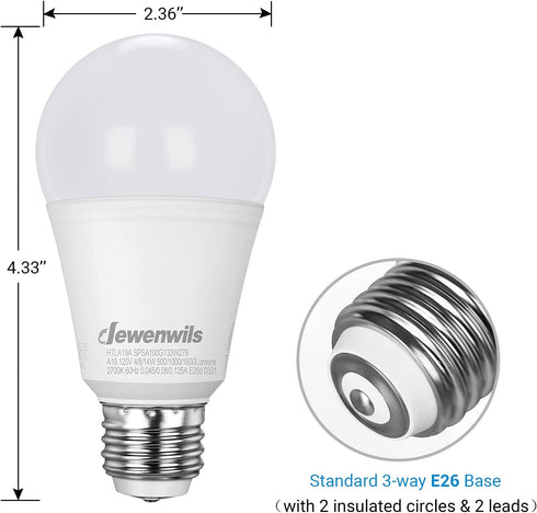 DEWENWILS LED 3 Way Light Bulbs, 40/60/100W Equivalent Three Way A19 LED Light Bulbs, E26 Medium Base 2700K Warm White Glow, 500/1000/1600LM Brigh...